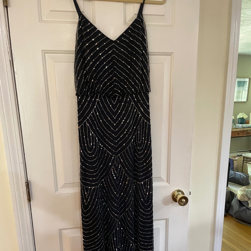 Adrianna Papell Navy Beaded Gown – Size 8 – Art Deco Formal Dress